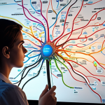 A professional, focused person (diverse gender, could be Arab background) sits at a modern desk, illuminated by a soft glow emanating from a digital mind map displayed on a large screen or tablet. The left side of the scene shows a chaotic, jumbled mass of text and fragmented information, symbolizing complex job descriptions and confusion. As the eye moves to the right, this chaos seamlessly transforms into a beautifully organized, color-coded mind map with clear branches and nodes, illustrating clarity and understanding. The person's expression is one of calm insight and comprehension. The background is clean and minimalistic, emphasizing the digital tool. Soft, clear lighting.