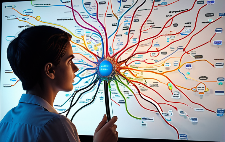 A professional, focused person (diverse gender, could be Arab background) sits at a modern desk, illuminated by a soft glow emanating from a digital mind map displayed on a large screen or tablet. The left side of the scene shows a chaotic, jumbled mass of text and fragmented information, symbolizing complex job descriptions and confusion. As the eye moves to the right, this chaos seamlessly transforms into a beautifully organized, color-coded mind map with clear branches and nodes, illustrating clarity and understanding. The person's expression is one of calm insight and comprehension. The background is clean and minimalistic, emphasizing the digital tool. Soft, clear lighting.