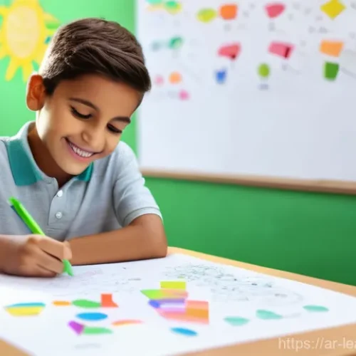 마인드맵과 초등 교육  효과적인 접근 - A vibrant, close-up shot of a cheerful Arab elementary school-aged child, around 8-10 years old, sit...