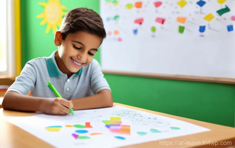 마인드맵과 초등 교육  효과적인 접근 - A vibrant, close-up shot of a cheerful Arab elementary school-aged child, around 8-10 years old, sit...