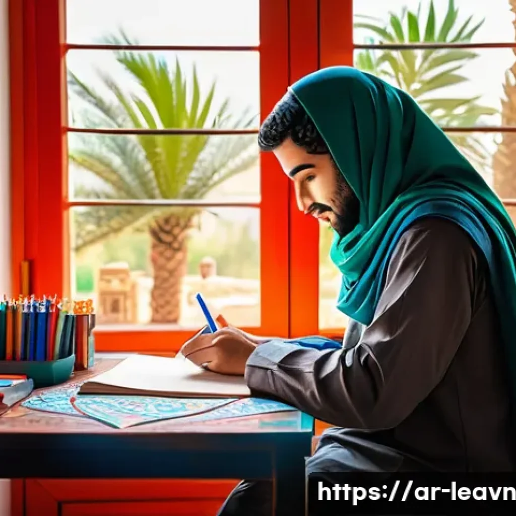 마인드맵을 활용한 독서 노트 작성법 - A vibrant and detailed scene of an Arabic student sitting at a wooden desk in a cozy, sunlit room de...
