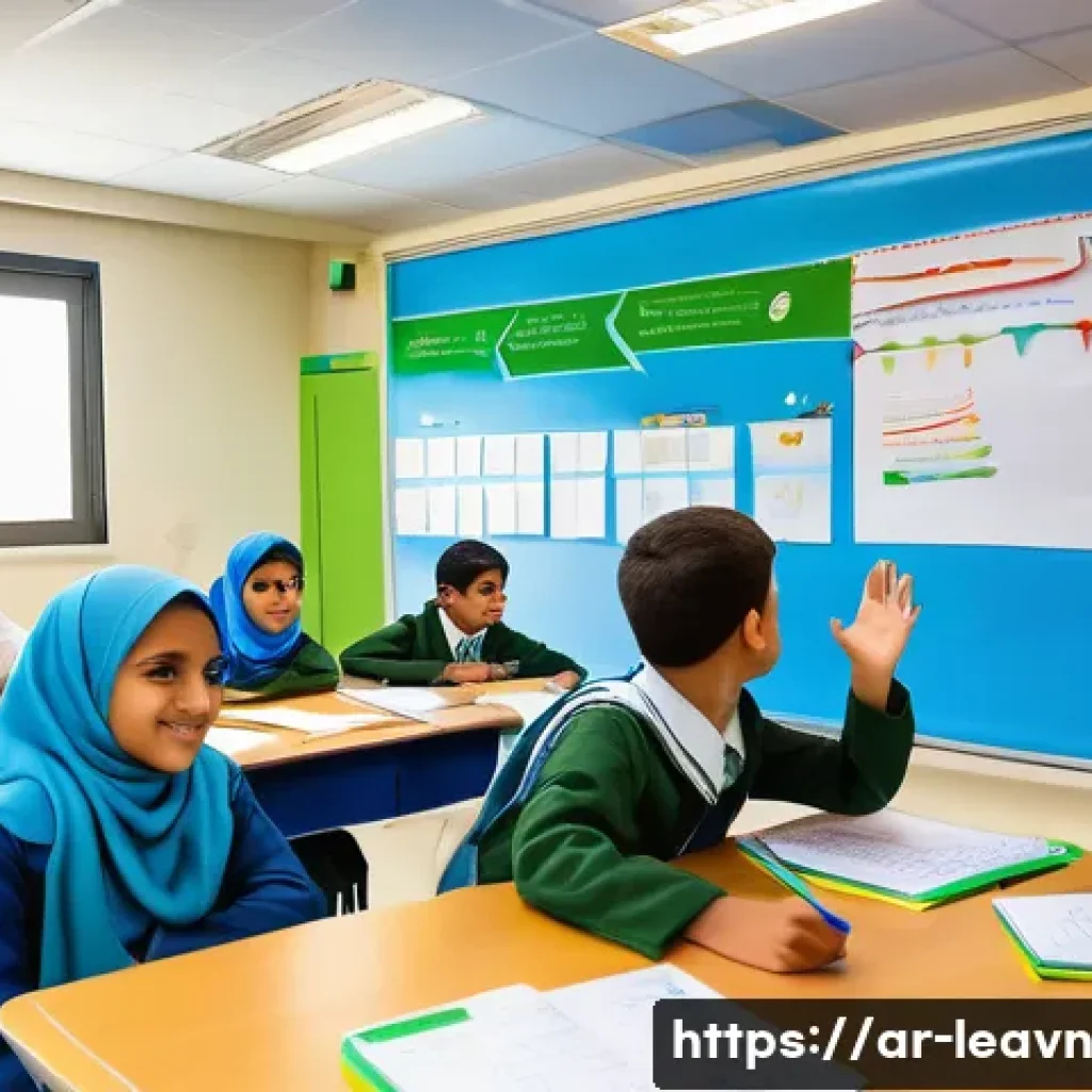 마인드맵을 통한 수업 설계 전략 - A vibrant classroom scene in a modern Arab school where a diverse group of students aged 12-15, wear...