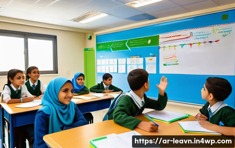 마인드맵을 통한 수업 설계 전략 - A vibrant classroom scene in a modern Arab school where a diverse group of students aged 12-15, wear...