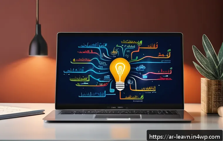 마인드맵으로 복습 효율 높이기 - A vibrant and detailed digital mind map displayed on a modern laptop screen, showing interconnected ...