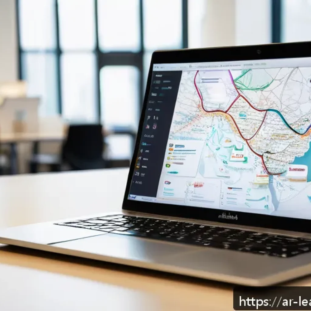 마인드맵을 활용한 글로벌 비즈니스 이해하기 - A detailed digital mind map displayed on a modern laptop screen in a bright, professional office set...
