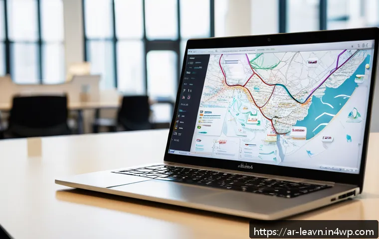 마인드맵을 활용한 글로벌 비즈니스 이해하기 - A detailed digital mind map displayed on a modern laptop screen in a bright, professional office set...
