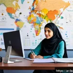 Home 23 마인드맵과 비주얼 씽킹 연관성 탐구 - A detailed and vibrant workspace scene showcasing a Middle Eastern professional woman in modest atti...