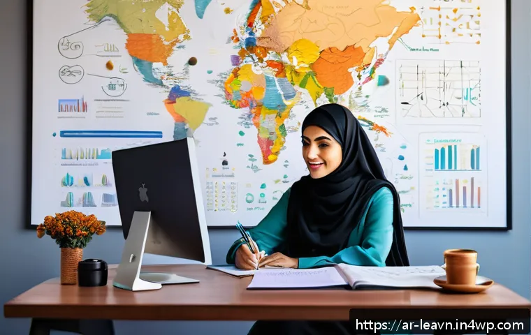 마인드맵과 비주얼 씽킹 연관성 탐구 - A detailed and vibrant workspace scene showcasing a Middle Eastern professional woman in modest atti...