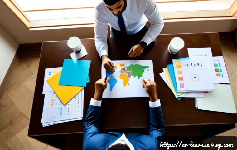 Home 17 마인드맵과 비즈니스 모델 혁신 - Photorealistic overhead view of an Arab business team in modest professional attire collaborating ar...