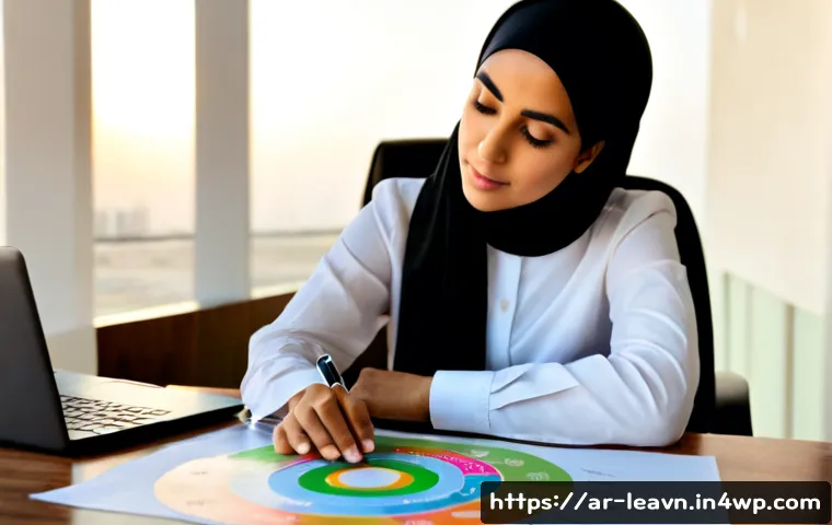 마인드맵으로 인사이트 도출하기 - Photorealistic Arab businesswoman in modest professional attire and headscarf, seated at a sunlit mo...